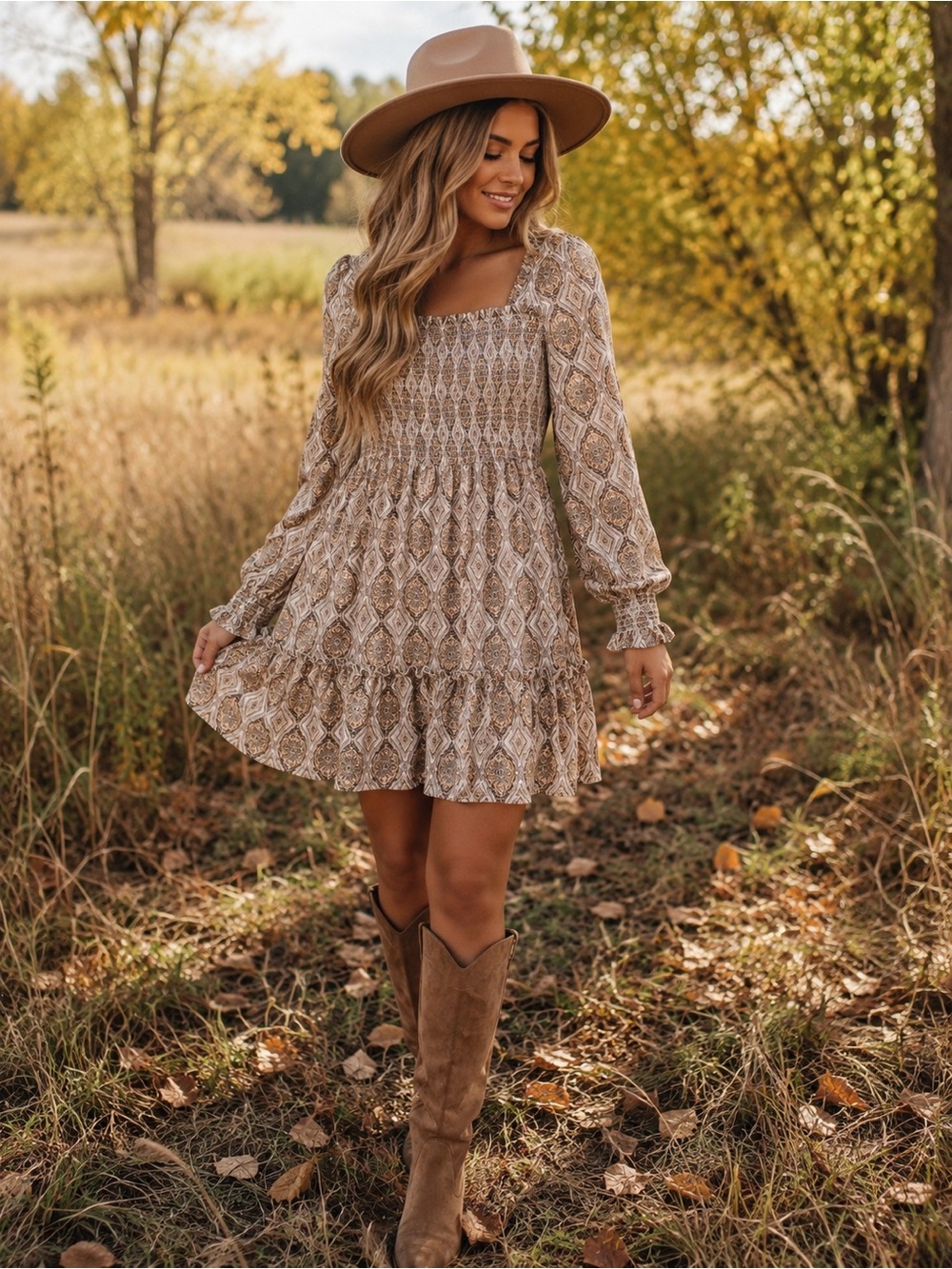In Bloom Beige Cream Printed Long Sleeve Smocked Mini Dress